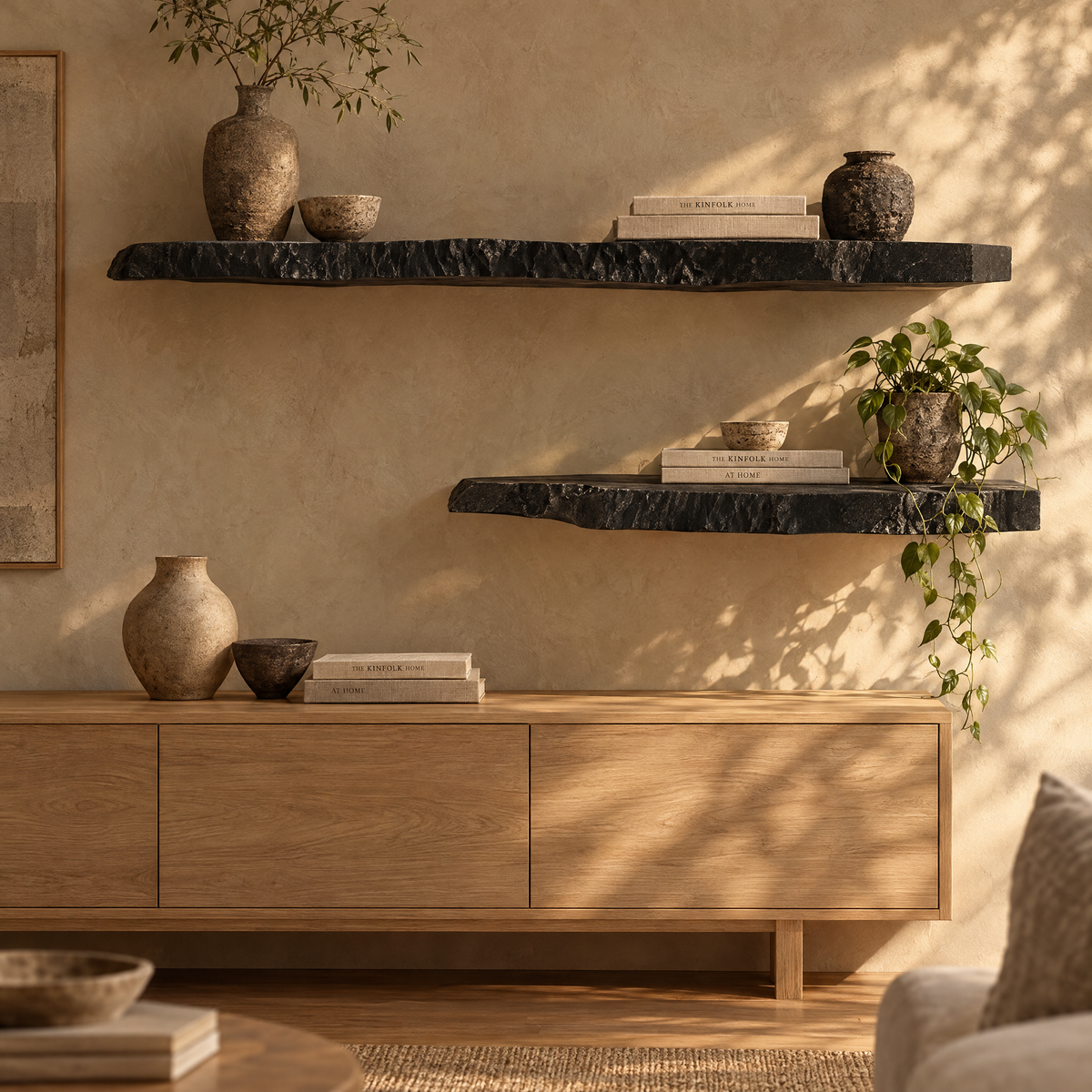 Two black live edge floating shelves above an oak sideboard in a Japandi living room