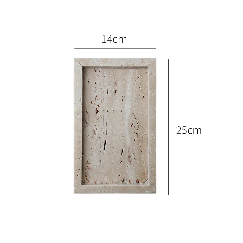 Smaller rectangle travertine tray seen from above on white