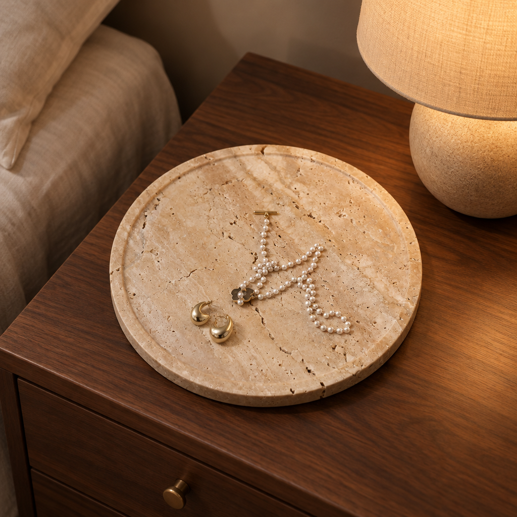 Round travertine tray with a pearl necklace and earrings on a walnut nightstand