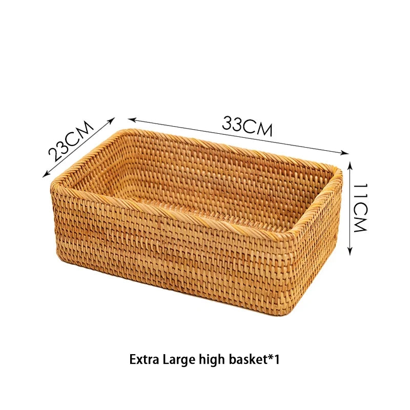 Extra large rattan storage basket on white with its measurements marked