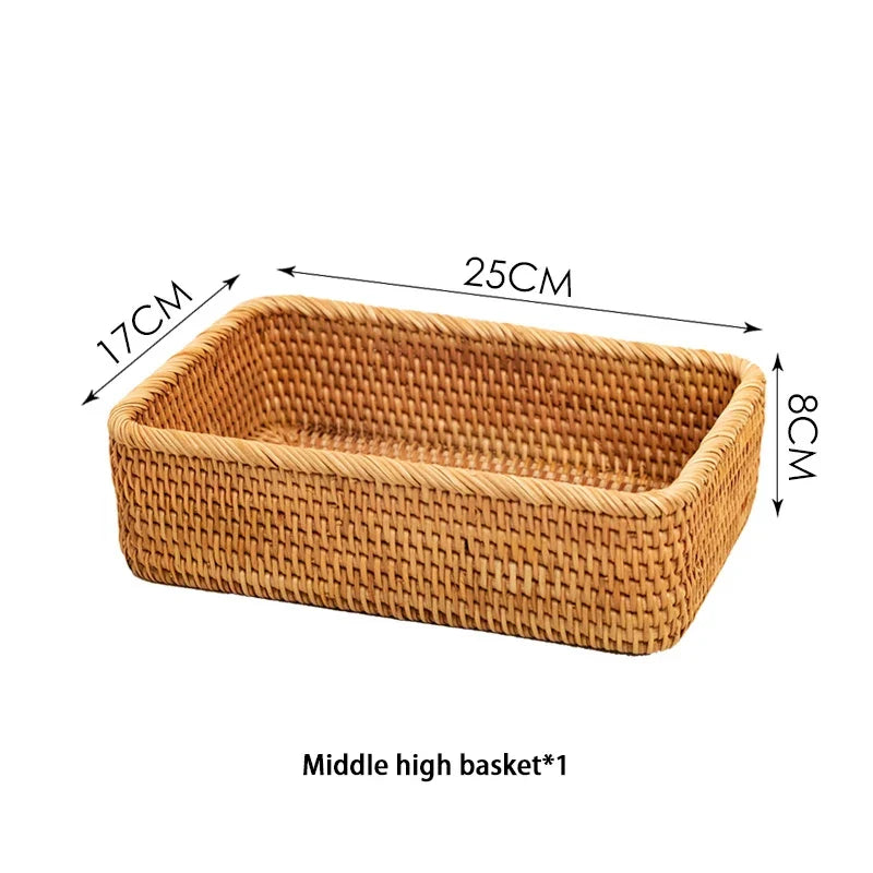 Medium rectangular rattan basket on white with its measurements marked