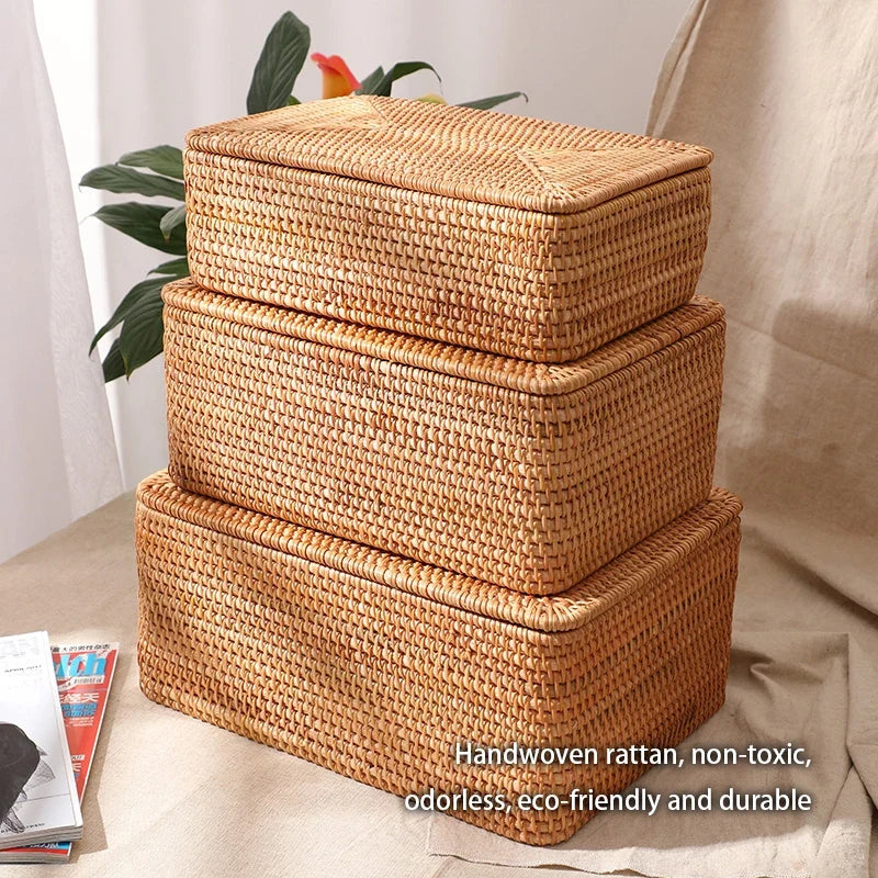 Three lidded rattan boxes stacked beside a green plant