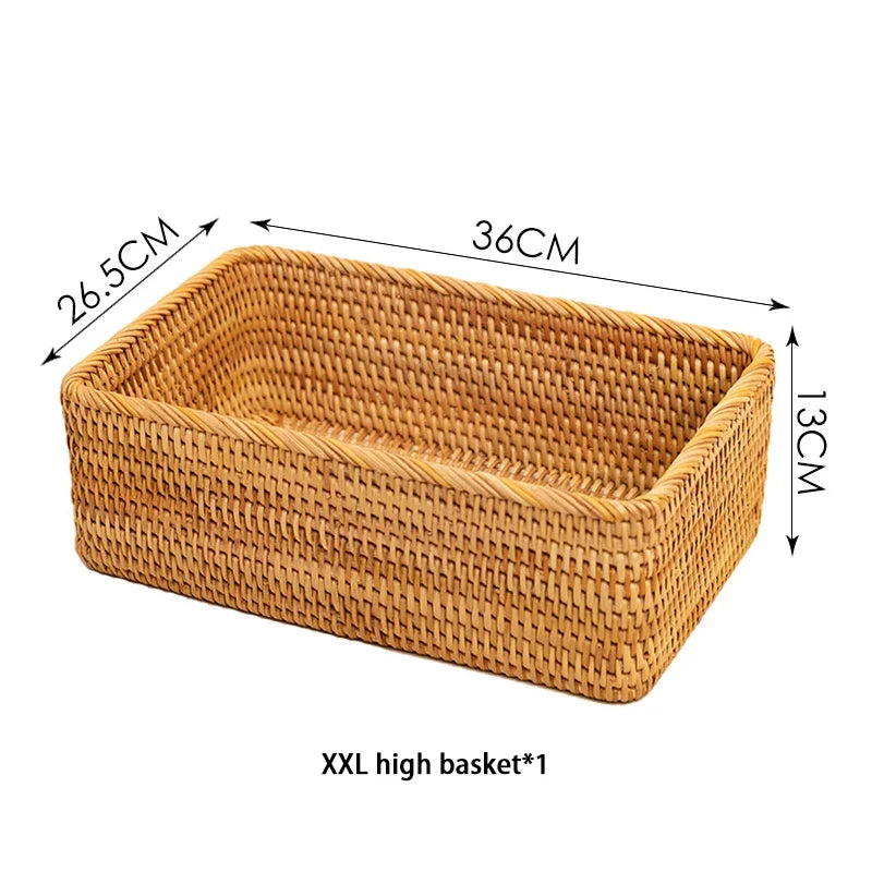 Largest open rattan storage basket on white with its measurements marked