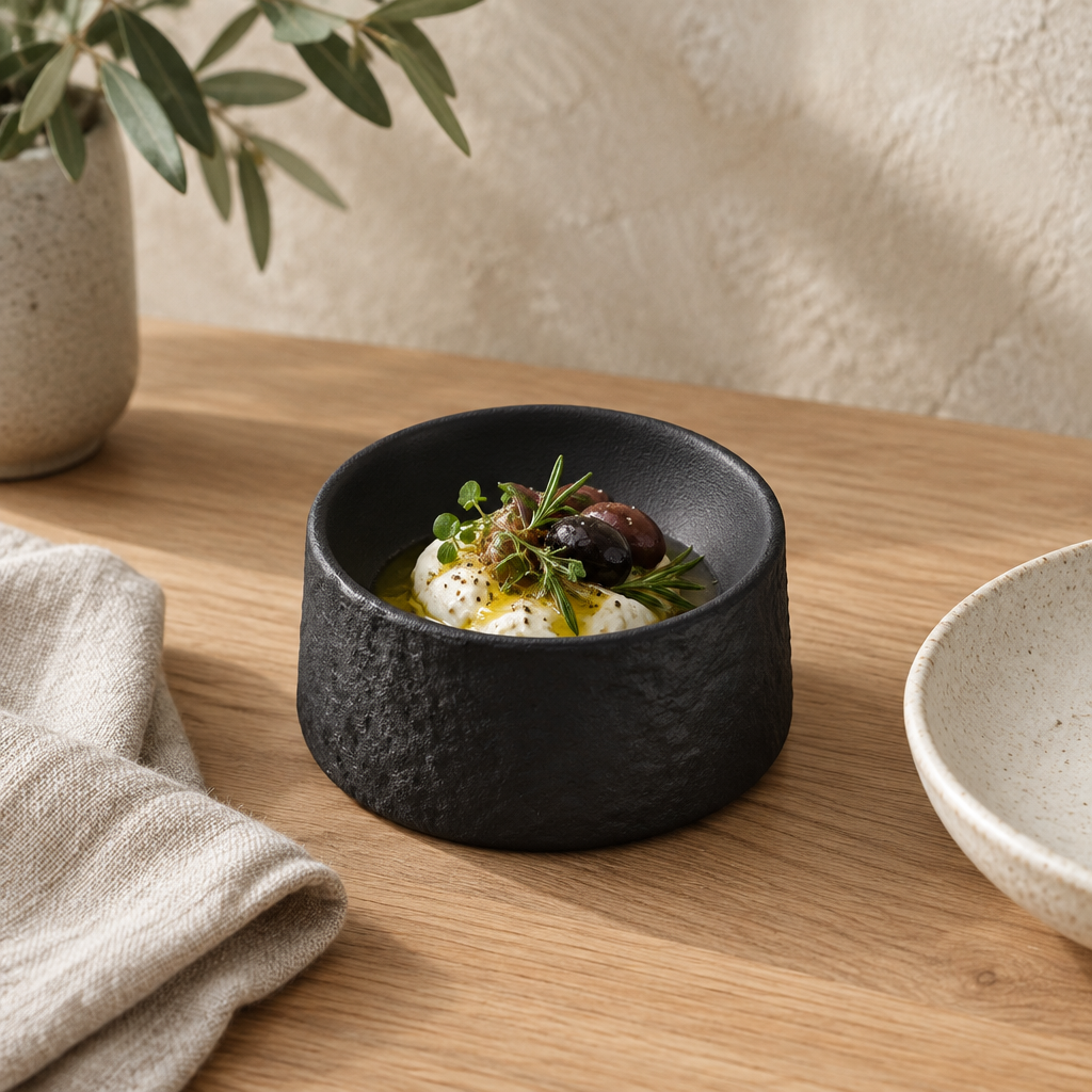 Low black textured pedestal dish with a small starter on a table