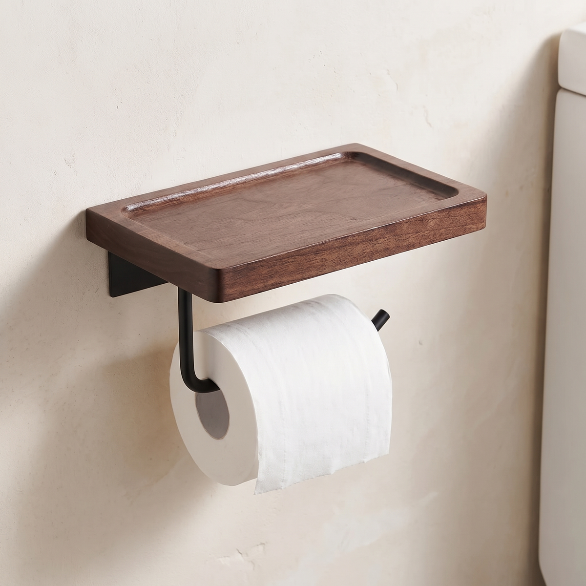 Walnut toilet paper holder with shelf and matte black bar on a bathroom wall