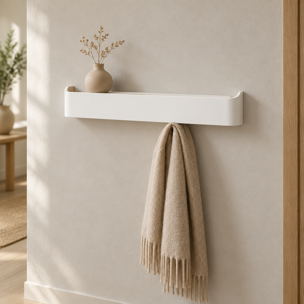 White curved wall shelf with a scarf hanging from the hook below