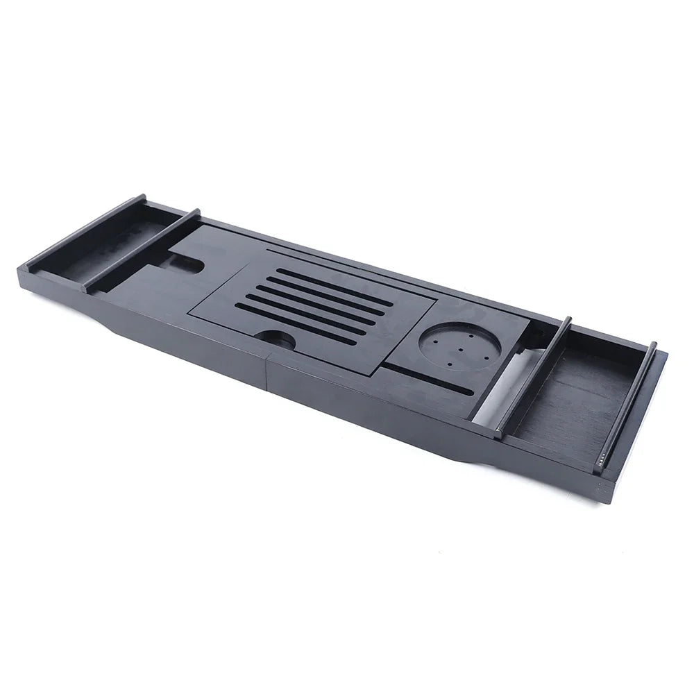 Black bamboo bathtub tray on white with the book stand folded flat