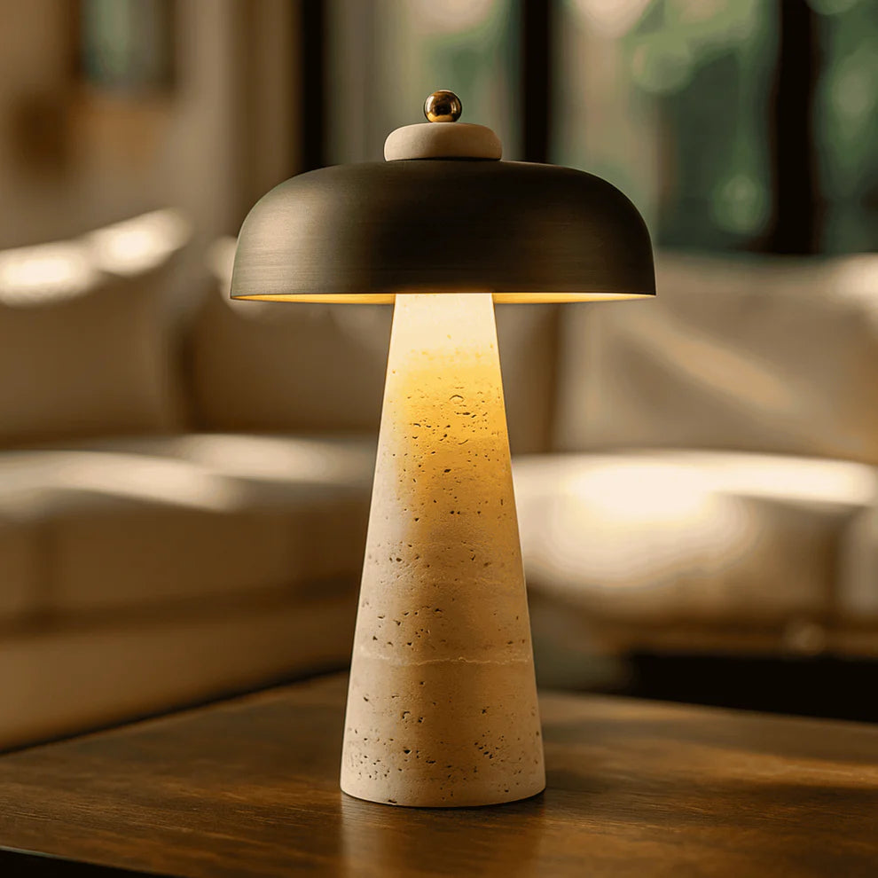 Siya Wireless Travertine Table Lamp | Gold, Brown & Black | Qonforta