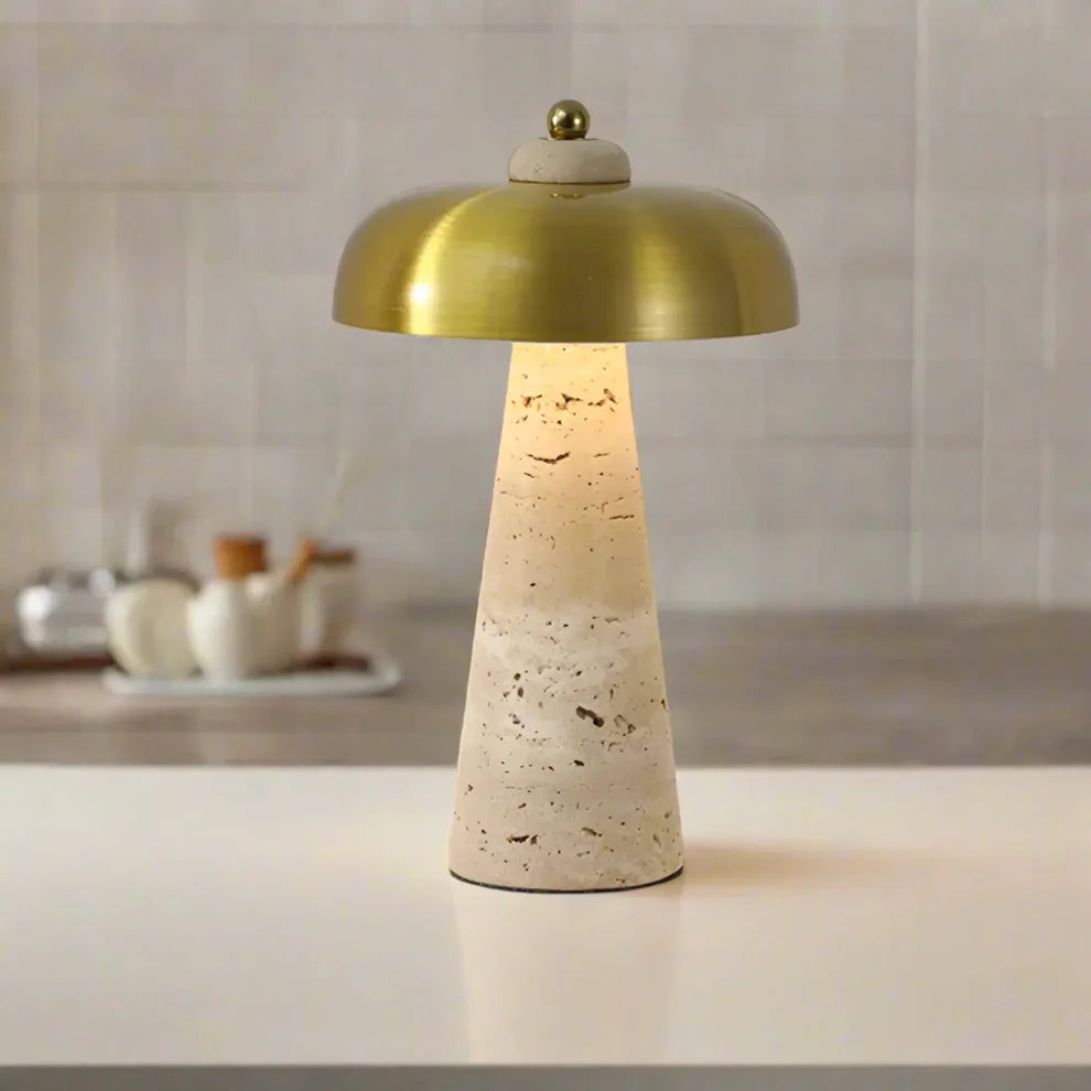 Siya Wireless Travertine Table Lamp | Gold, Brown & Black | Qonforta