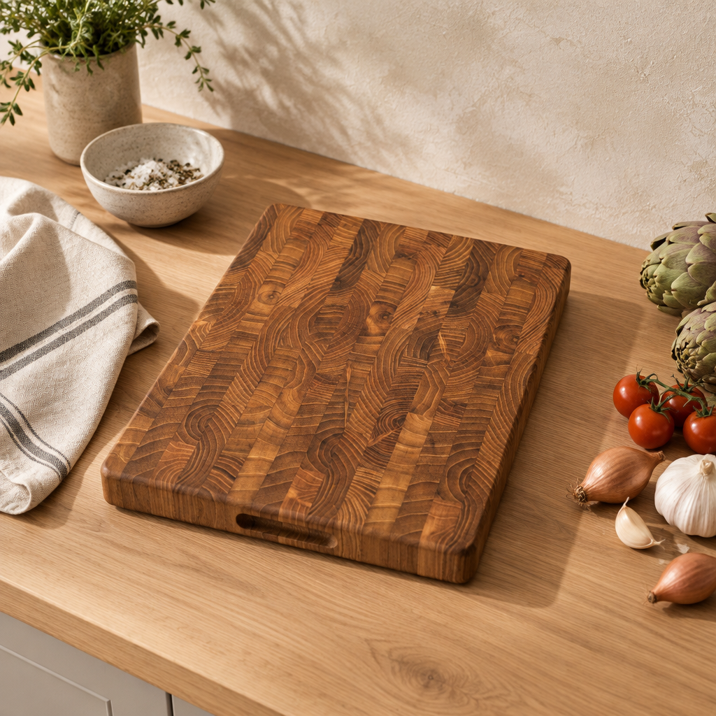 Teak end grain cutting board on a kitchen counter with vegetables