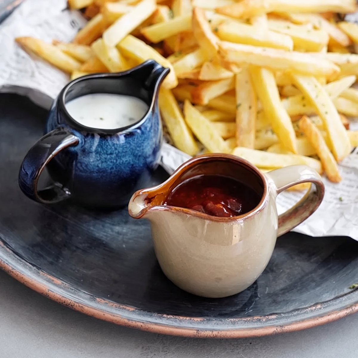 Blue jug of mayo and cream jug of ketchup beside fries