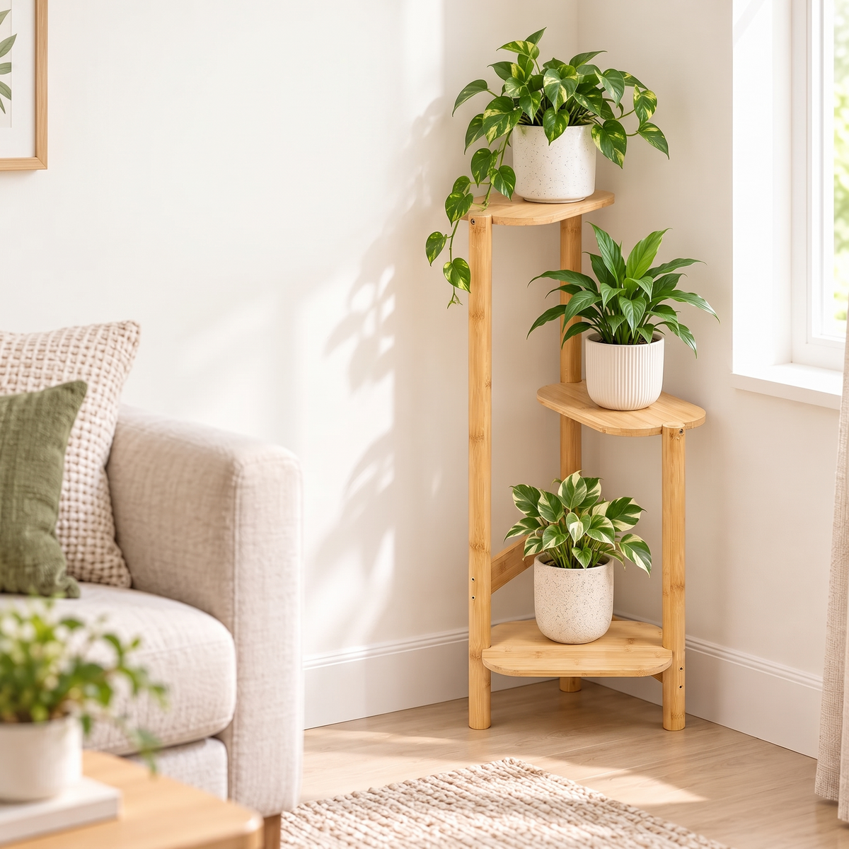 Bamboo corner plant stand holding three potted plants beside a sofa
