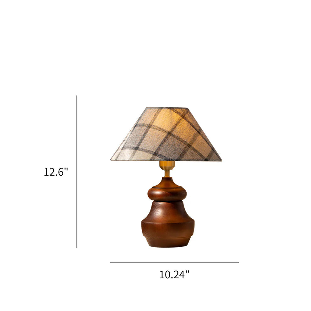 Plaid Fabric Table Lamp | Carved Wood Base, Vintage Warm Glow | Qonforta