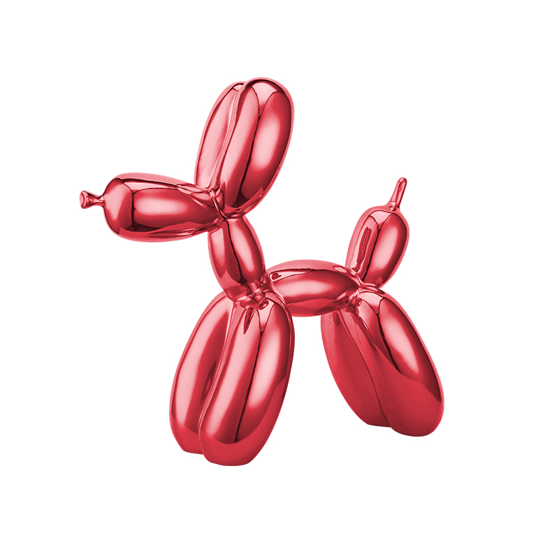Red glossy balloon dog sculpture on a white background