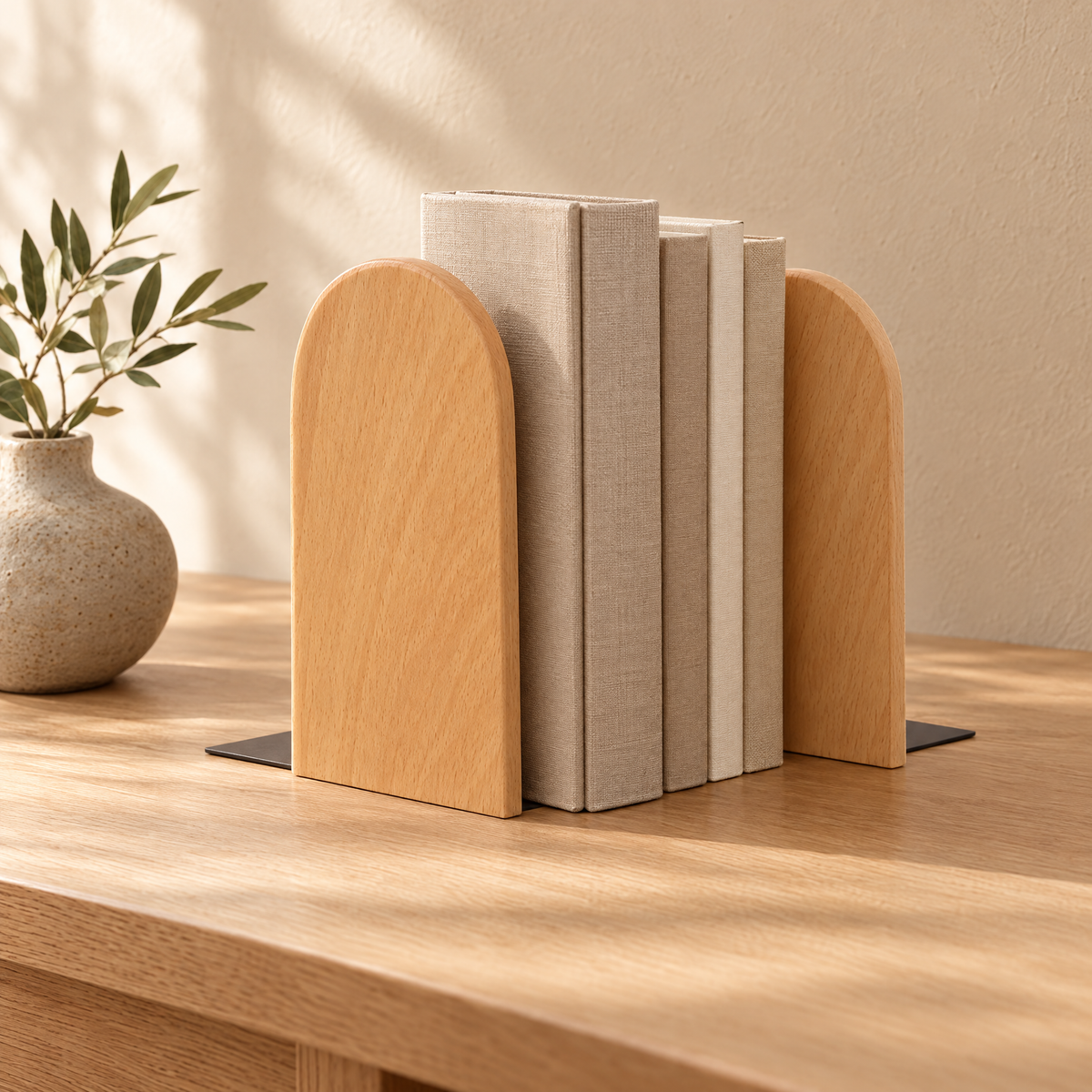 Pair of arched beech bookends holding books on an oak shelf