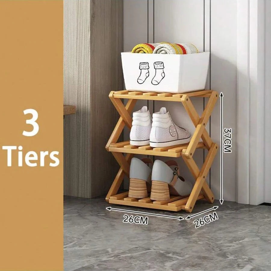 Three tier bamboo shoe rack with shoes and a sock basket on top