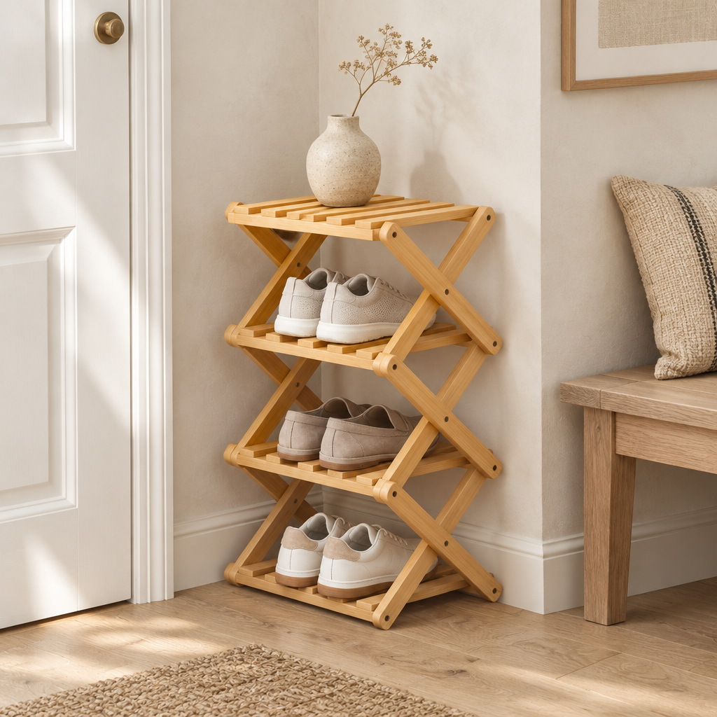 Natural bamboo shoe rack with four tiers of sneakers beside a white door
