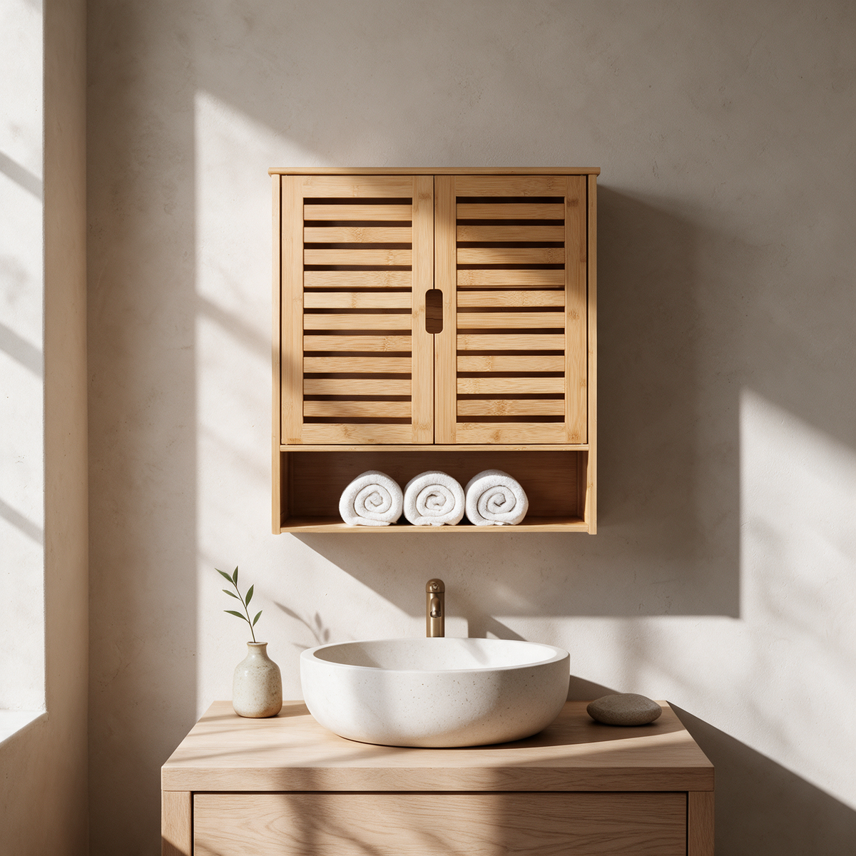 Bamboo bathroom wall cabinet above a round vessel sink with rolled towels