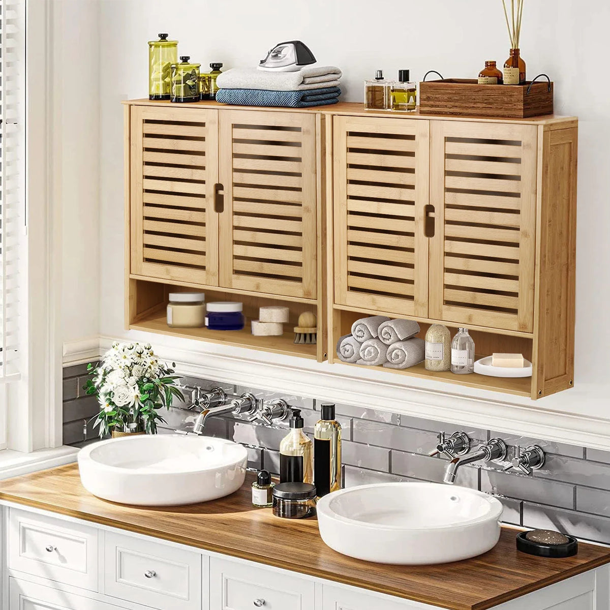 Two bamboo wall cabinets side by side above a double sink vanity