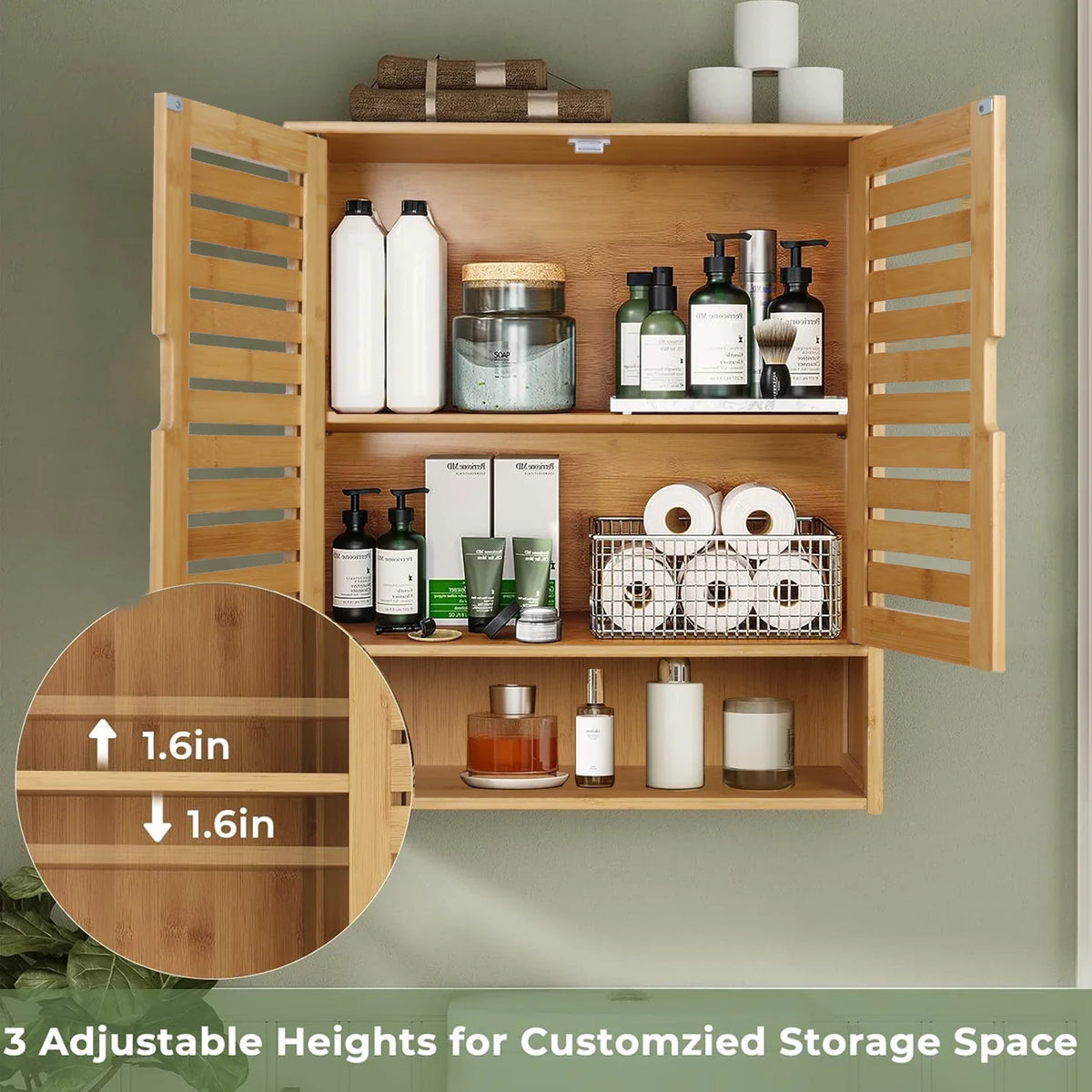 Open bamboo cabinet full of toiletries with a close view of the shelf positions