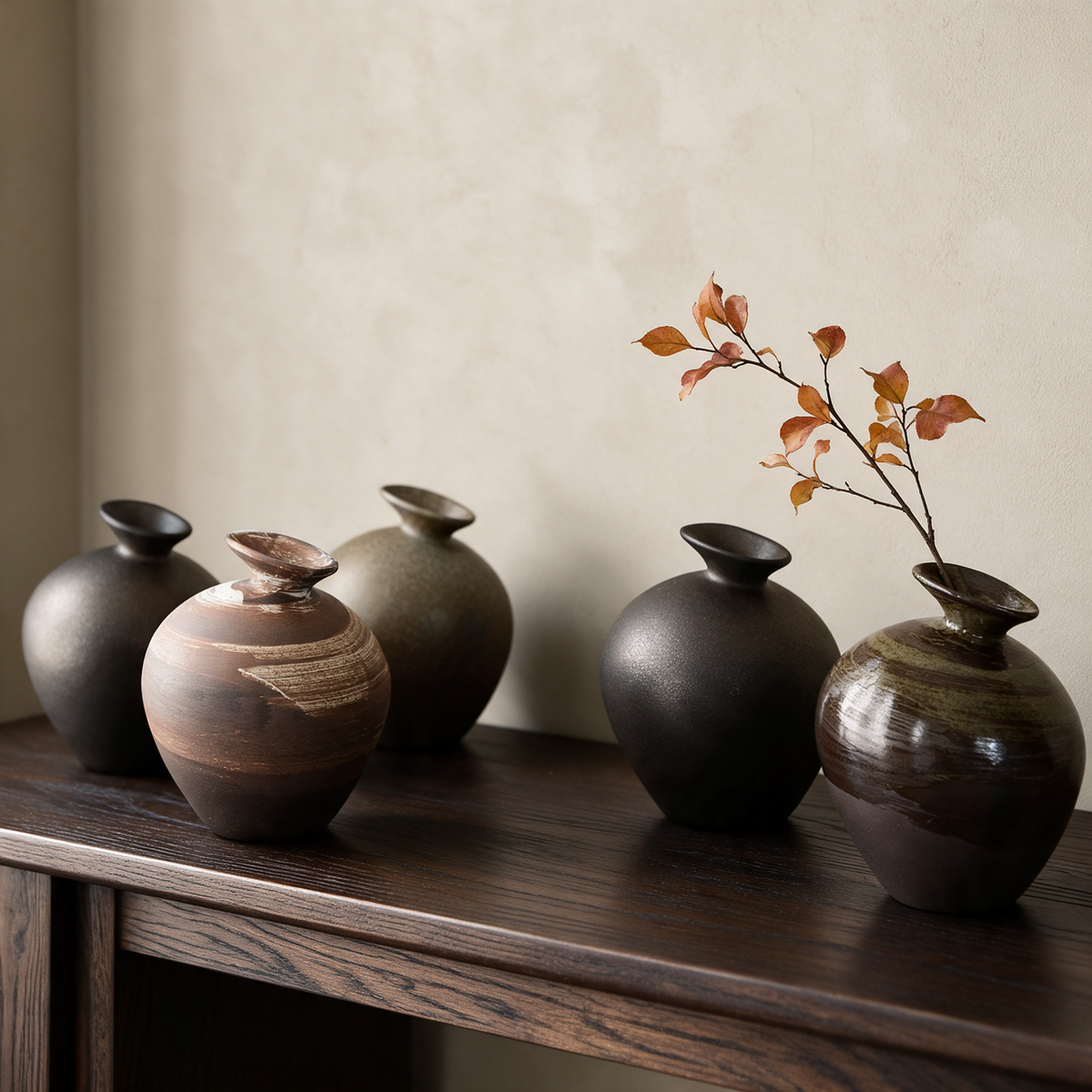 Five ceramic bud vases on a dark wood console with an autumn branch