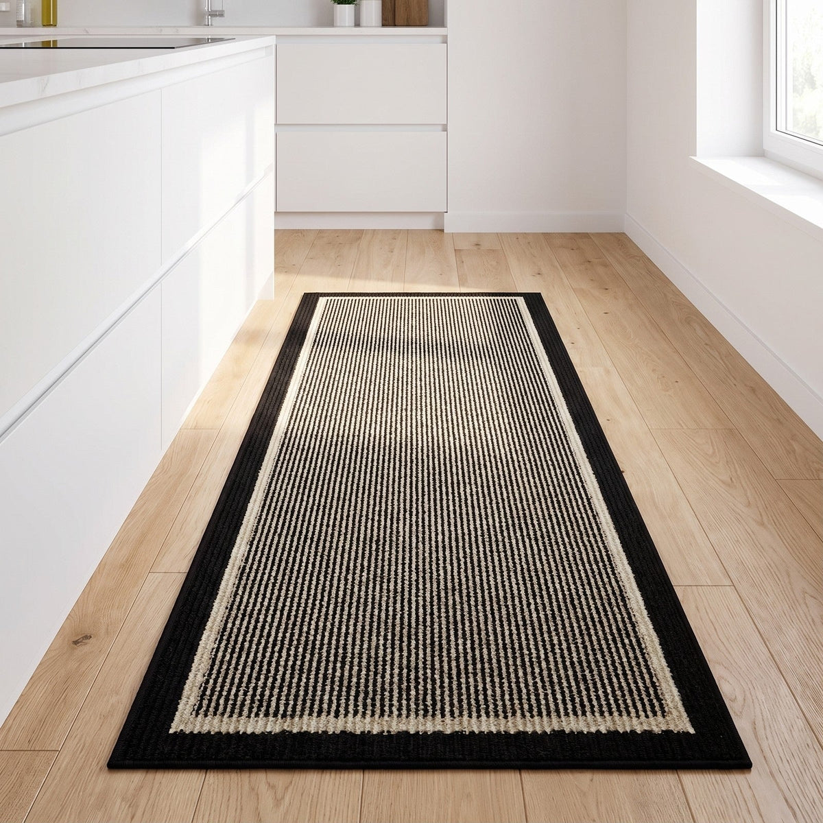 Strata washable kitchen runner rug in Midnight on a light wood kitchen floor