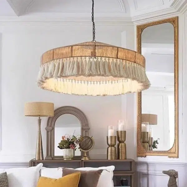 Rattan Boho Pendant Light Fringe Shade – Natural Brown & White | Qonforta