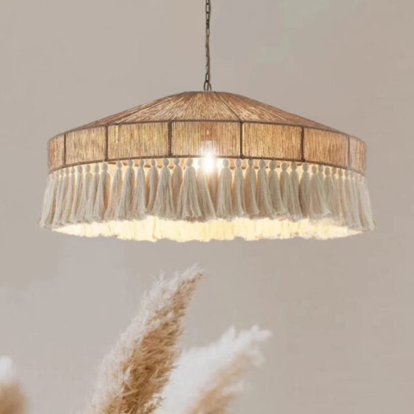 Rattan Boho Pendant Light Fringe Shade – Natural Brown & White | Qonforta