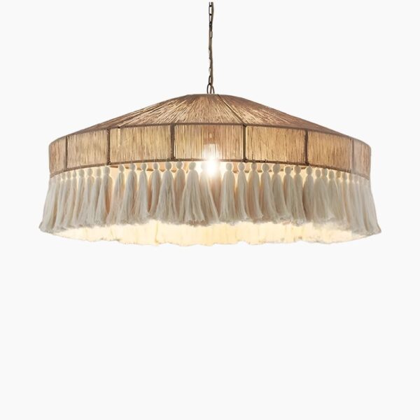 Rattan Boho Pendant Light Fringe Shade – Natural Brown & White | Qonforta