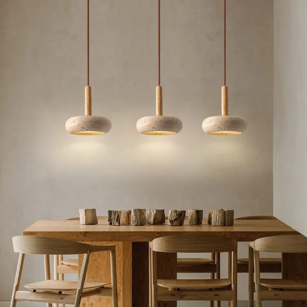 Natural Stone Pendant Light Travertine & Wood LED – 3 Light Modes | Qonforta