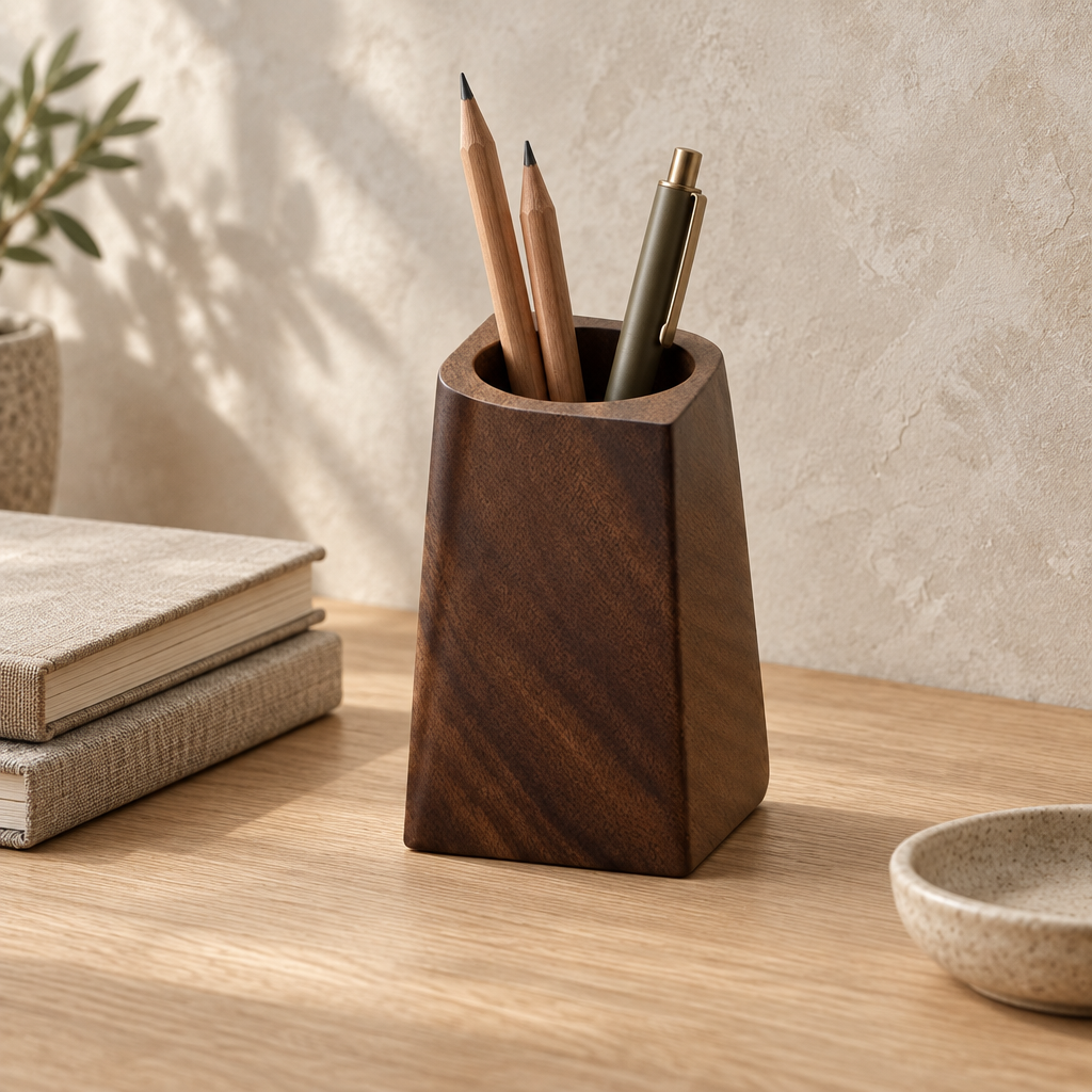 Angled walnut pen holder with pencils and a pen beside books