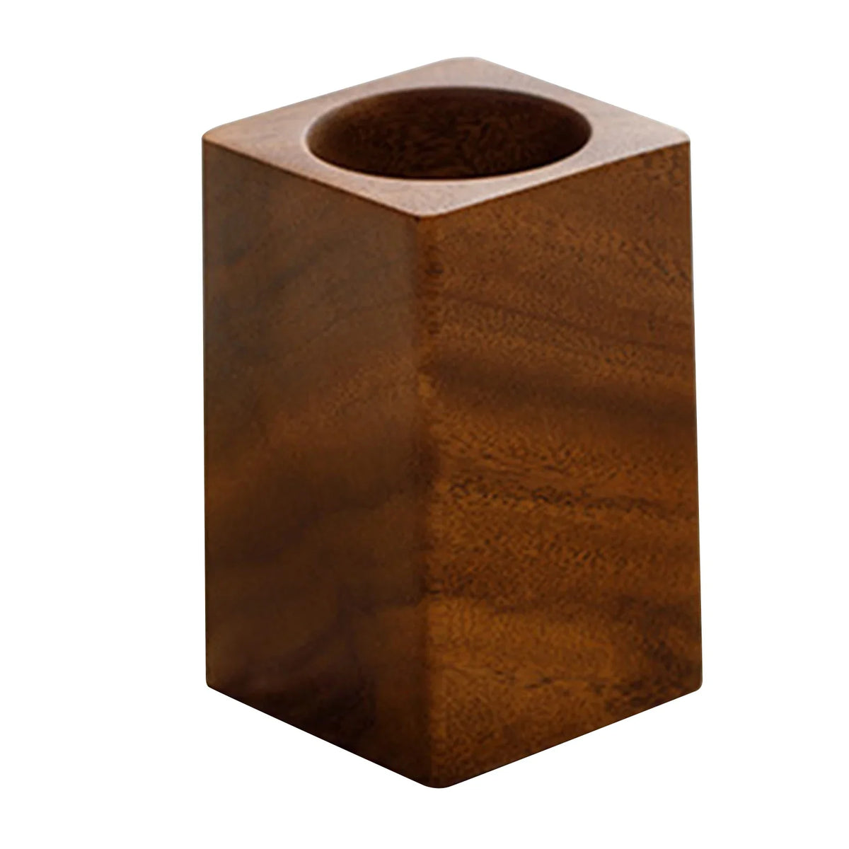 Slim square walnut pen pot with a round opening on white