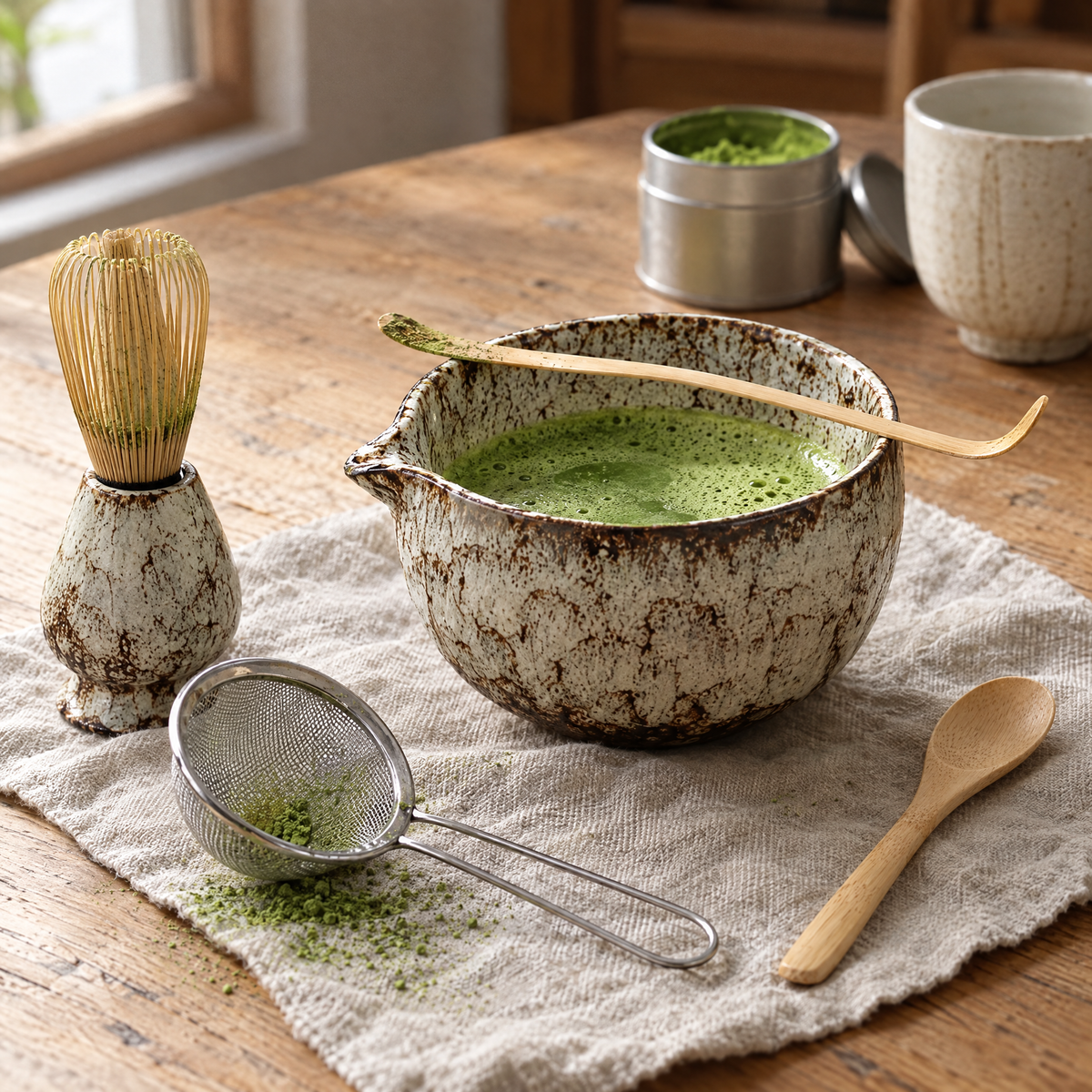 Cream glaze matcha bowl with bamboo whisk, scoop, spoon and sieve on linen