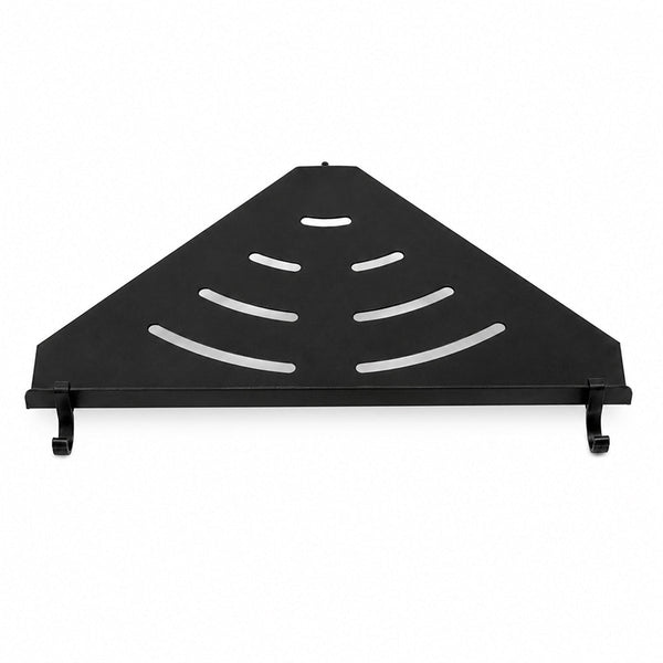 Single tier matte black corner shelf mounted in a bathroom