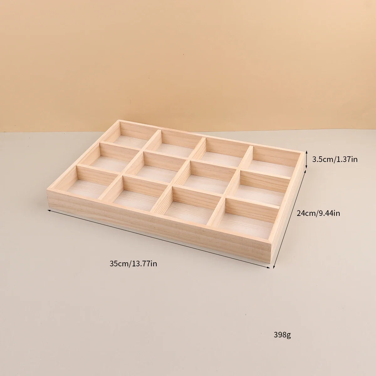 Empty 12 compartment wooden tray at an angle with size lines