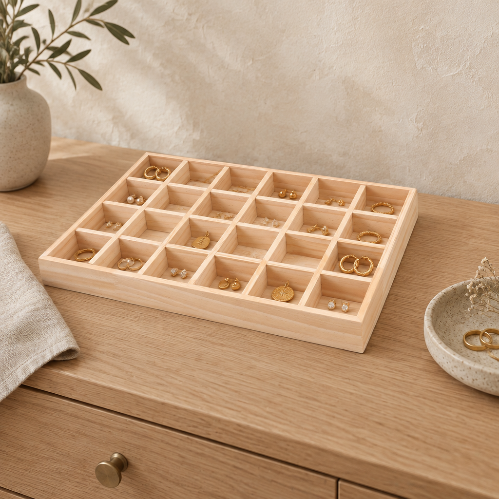 Wooden jewelry tray with 24 compartments holding rings and earrings