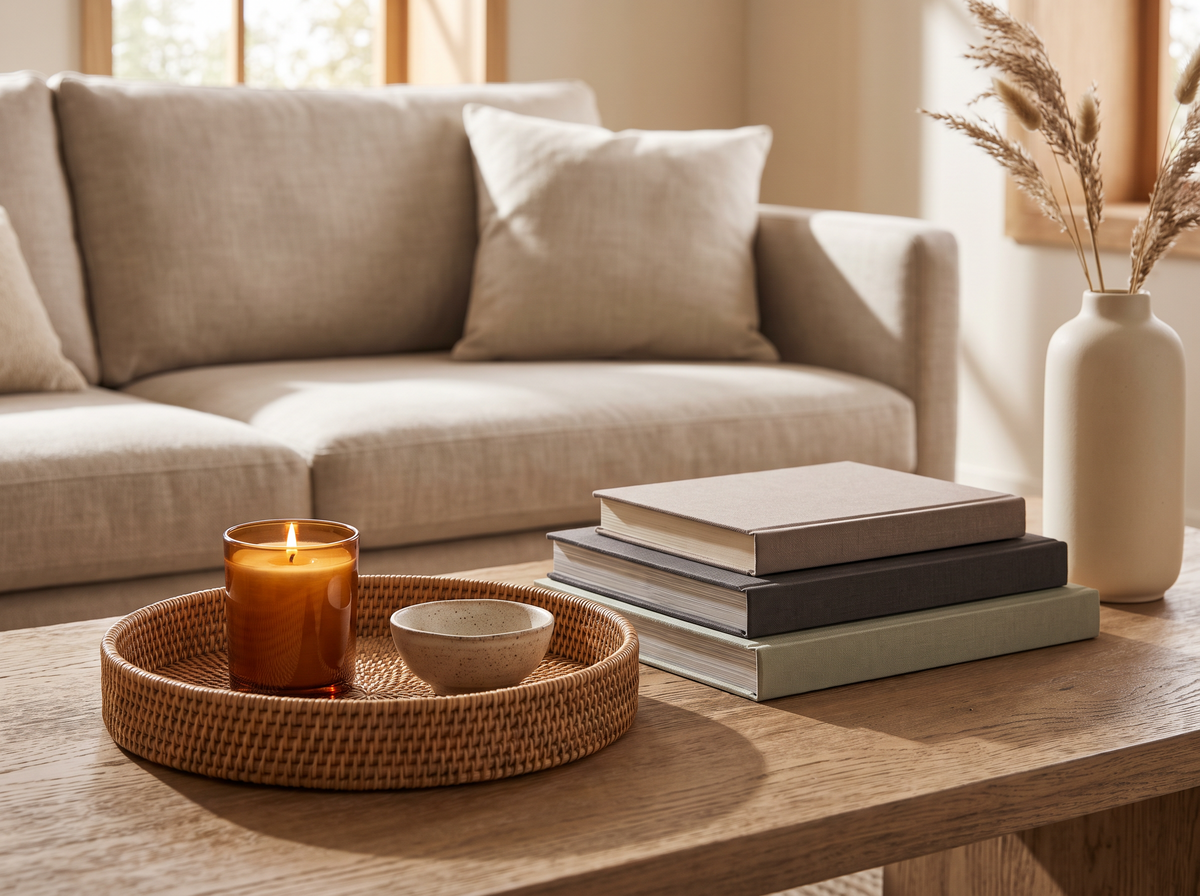 Styled oak coffee table with a rattan tray, candle, books and a ceramic vase