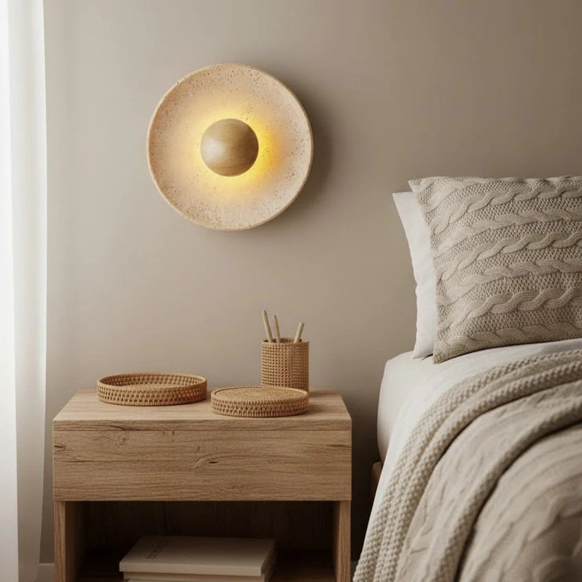 Travertine Halo Wall Sconce | Wood & Walnut | 2 Sizes | Qonforta
