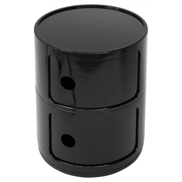 Black two tier round storage unit with sliding doors on a white background