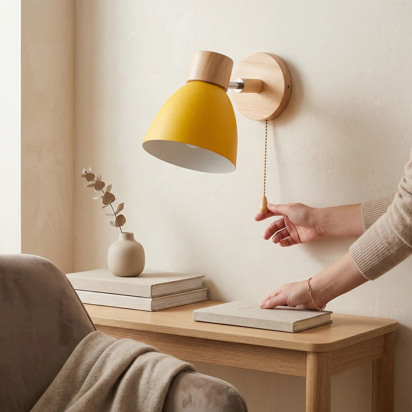 Nordic Wood Wall Sconce with Pull Switch | 5 Colors | Qonforta
