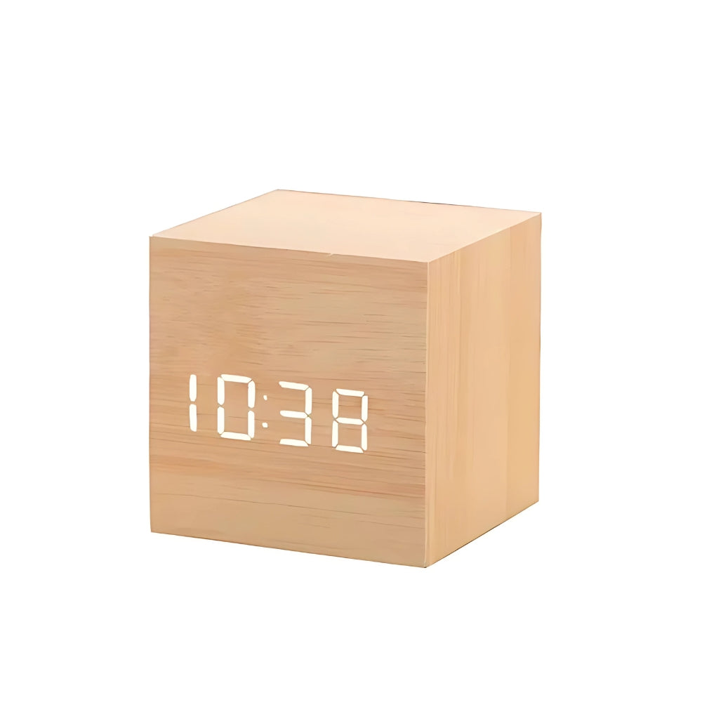 Cube LED alarm clock in Light Wood with white digits