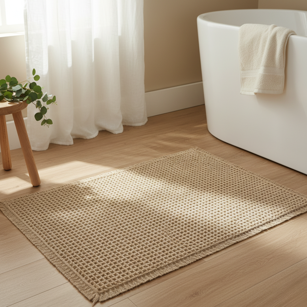 Waffle Bath Mat, Non-Slip Microfiber with Tassels | Quick-Dry Bathroom Rug | Qonforta