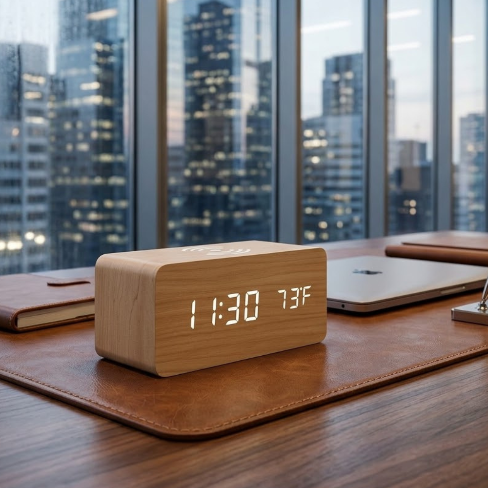 Wooden Alarm Clock | Wireless Charging | Qonforta