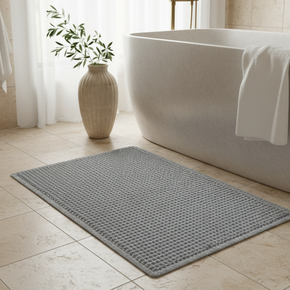 Waffle Bath Mat, Non-Slip Microfiber with Tassels | Quick-Dry Bathroom Rug | Qonforta