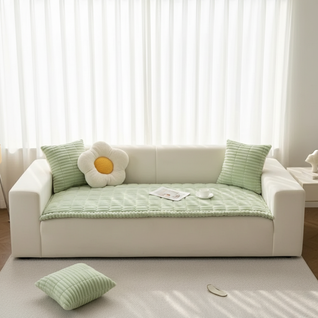 Plush Flannel Couch Cover, Anti-Slip Pleated Edges | Pet-Friendly | Qonforta