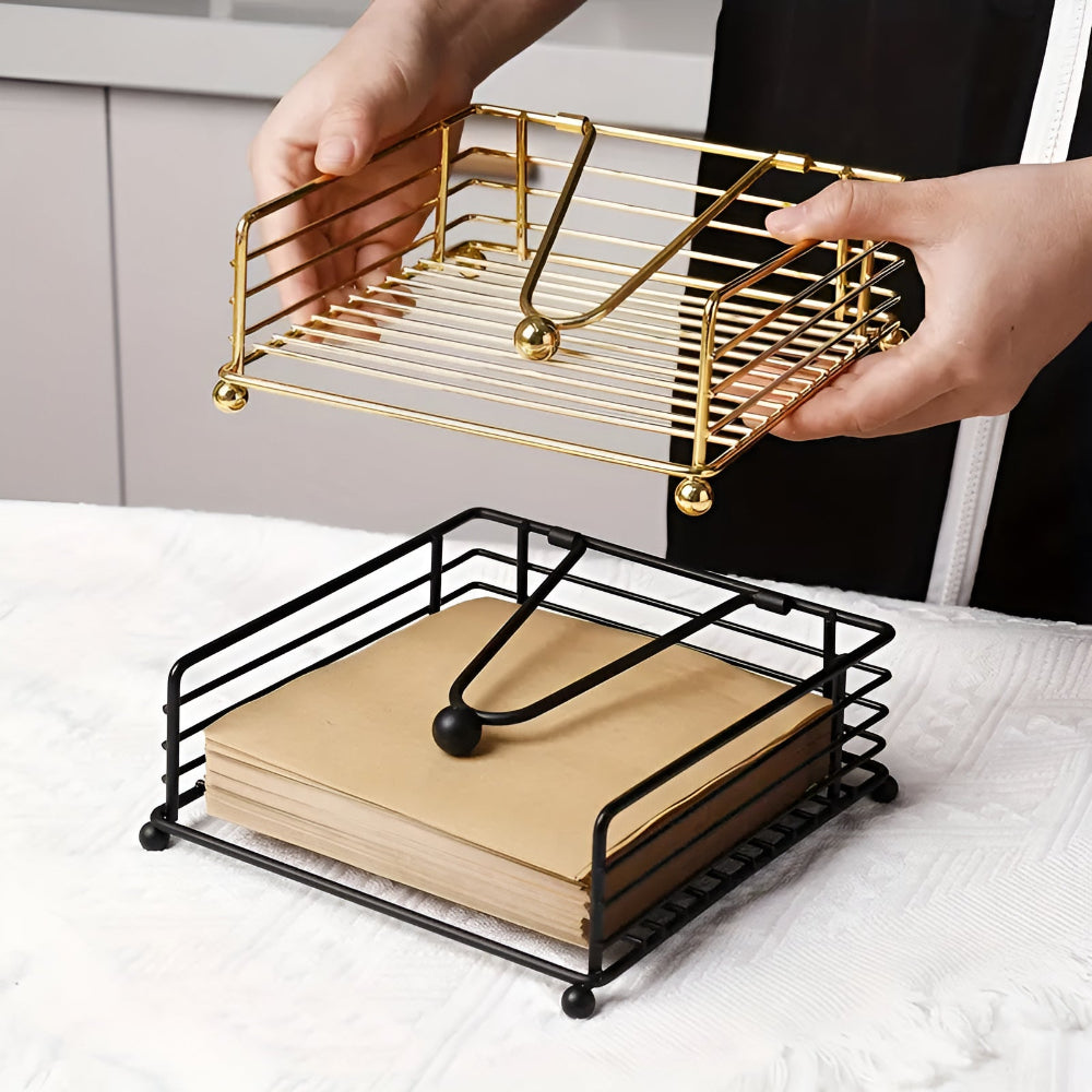 Black and gold wire napkin holders with napkins