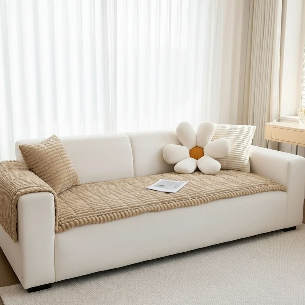 Plush Flannel Couch Cover, Anti-Slip Pleated Edges | Pet-Friendly | Qonforta