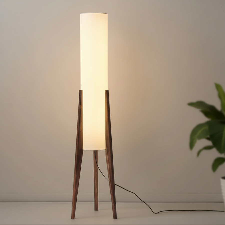 Wood Tripod Floor Lamp with Fabric Shade, Dimmable LED, Natural or Walnut