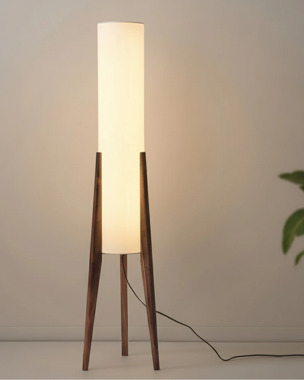 Wood Tripod Floor Lamp with Fabric Shade, Dimmable LED, Natural or Walnut