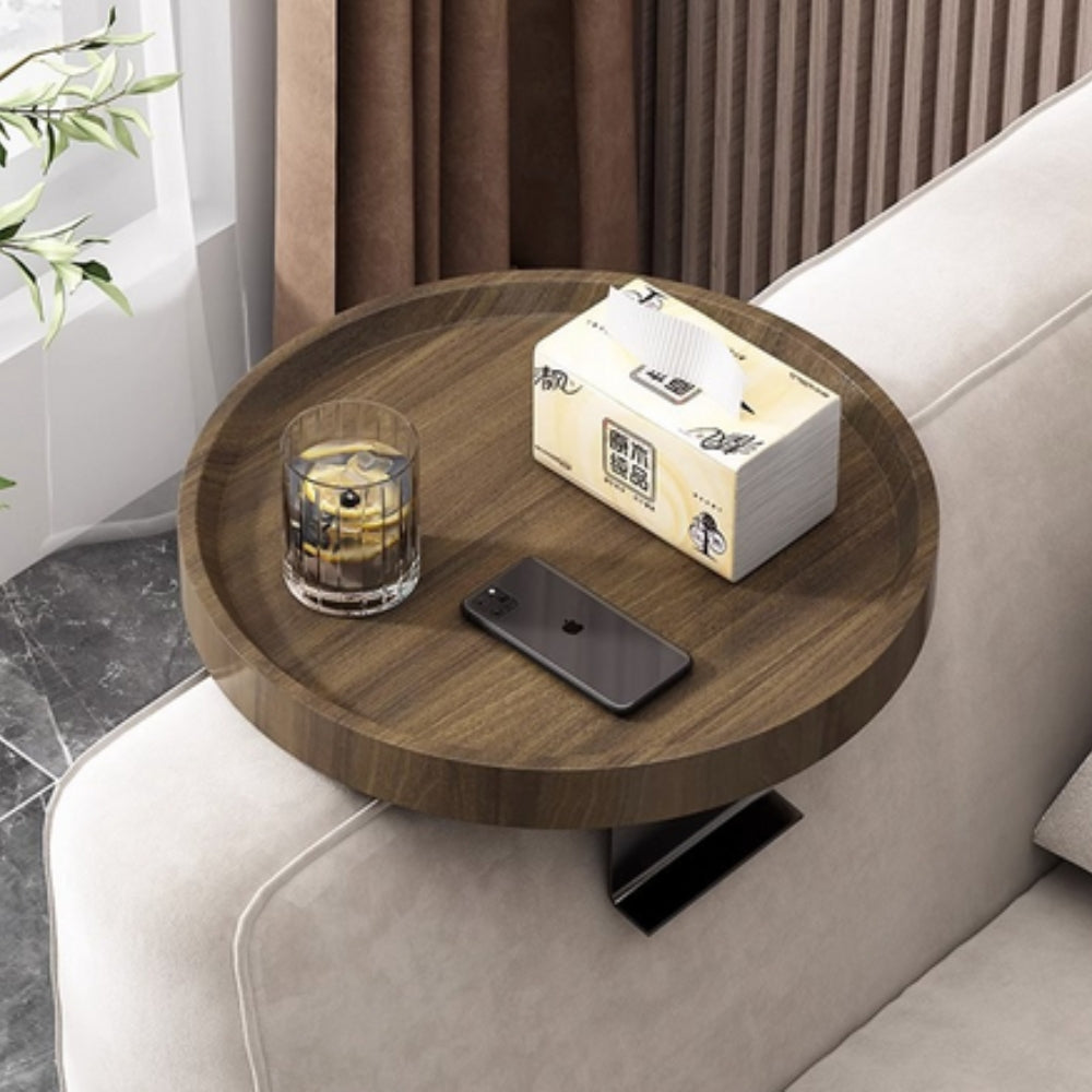 Sofa arm tray in Walnut on a light gray sofa